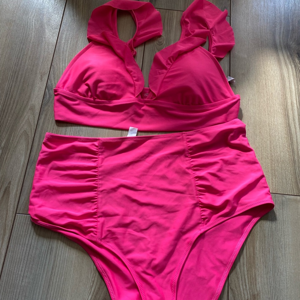 Aerie Longline Ruffle Triangle Bikini Top & Full Coverage High Waisted Bottom